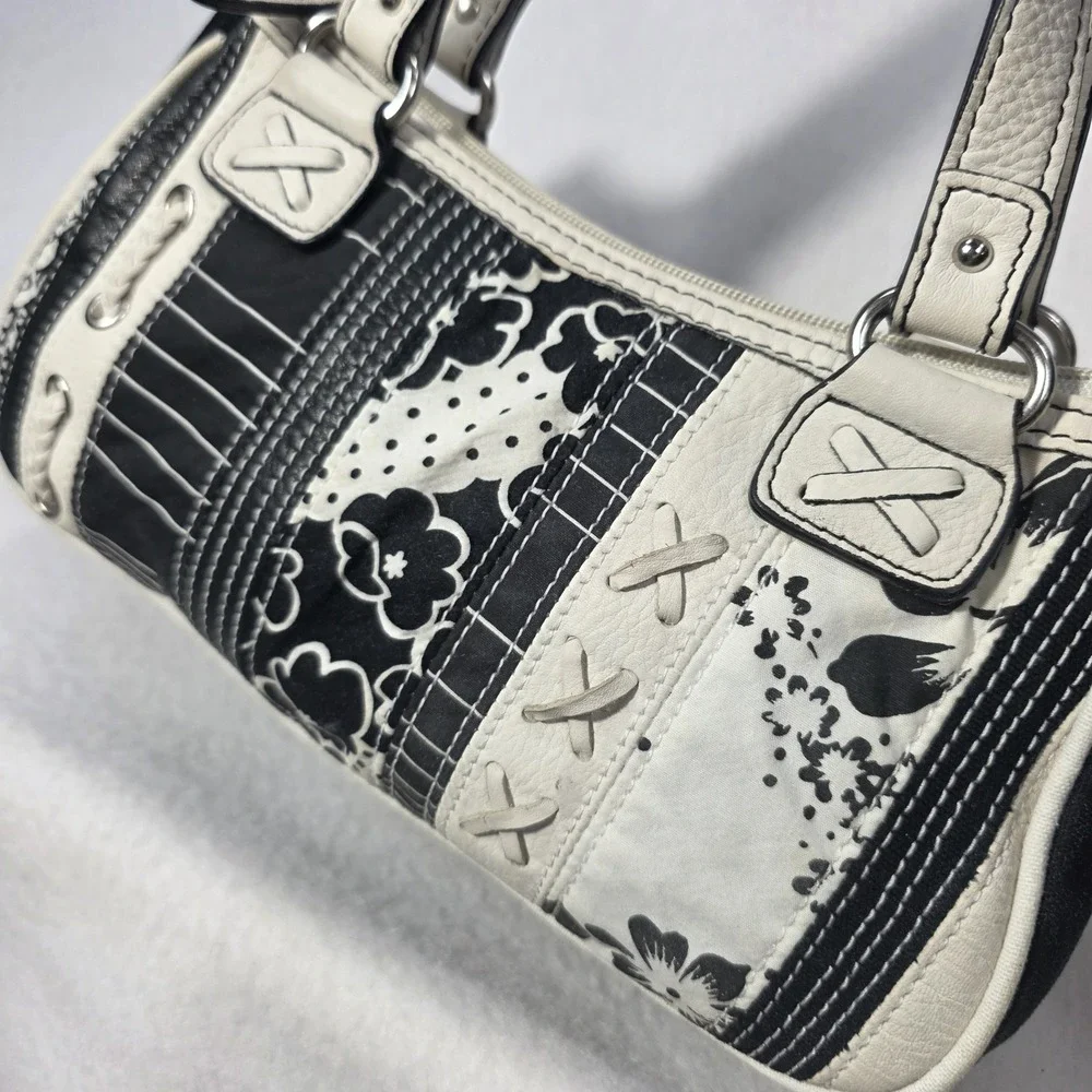 Fossil Y2K Vintage Mixed Leather & Canvas Black And White Patchwork Satchel Bag